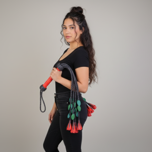 Handcrafted Black Leather Whip with Carbon Fiber Style Metallic Handle | Braid Flogger | Cosplay Prop