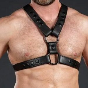 Men’s Black Leather Chest Harness – Adjustable Straps, Heavy-Duty Ring Design