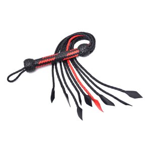 Handmade Leather Flogger, Braided Handle, Red & Black Impact Toy
