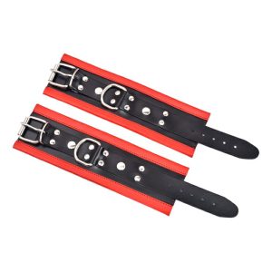 Red & Black Leather Wrist Cuffs | Adjustable Buckles, Double‑Layer, Stainless Hardware