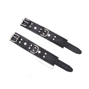 Leather Wrist Restraints (Black/White) | Adjustable Buckle Cuffs with D‑Rings