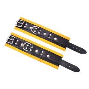 Black and Yellow Leather Wrist Restraints - Dual-Layer Padded Handcuffs with Heavy-Duty Buckles and D-Rings