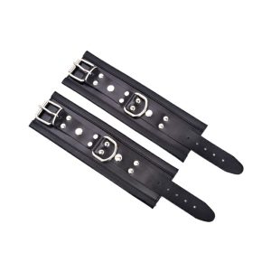 Black Leather Wrist Restraints - Heavy-Duty Adjustable Handcuffs with Reinforced D-Rings and Roller Buckles