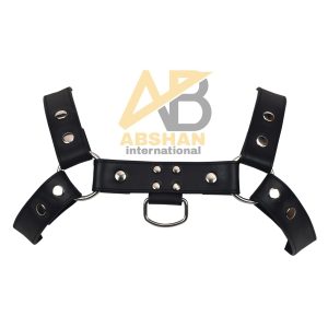 Men’s Black Leather Chest Harness – Button Adjustable Straps, Heavy-Duty Ring