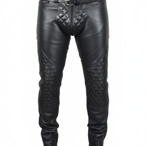 Men’s Black Quilted Leather Pants – Handmade Biker Leather Trousers with Padded Front