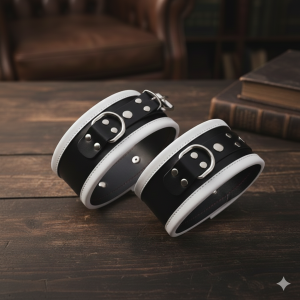 Leather Wrist Cuff Set - White/Black  Steel Polished