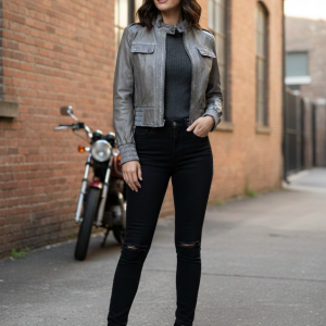The Edgy Urban: Vintage Grey Washed Leather Moto Jacket - Slim Fit with Epaulettes
