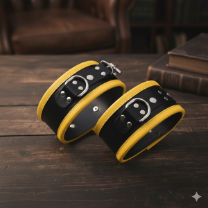 Leather Wrist Cuff Set - Black/Yellow - Steel Polished