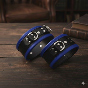 Leather Wrist Cuff Set - Black/Blue - Steel Polished