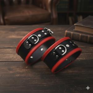 Leather Wrist Cuff Set - Black/Red - Steel Polished