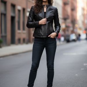 Quilted Shoulder Leather Moto Jacket for Women - Premium Lambskin Finish