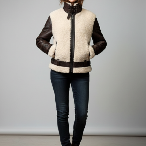 Women’s Shearling Leather Jacket – Black & Cream Faux Fur Aviator Biker Jacket with Belted Waist