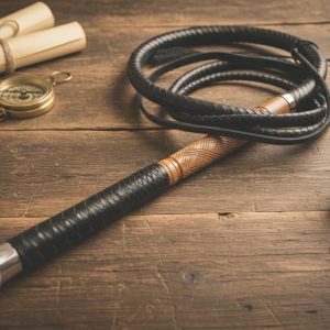 Handcrafted Black Leather Bullwhip – Professional Braided Whip with Wood Handle | Western Cowboy Whip | Collector’s Leather Gear