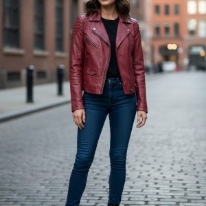 Women’s Burgundy Genuine Leather Jacket – Slim Fit Asymmetrical Zip Biker Jacket with Stand Collar