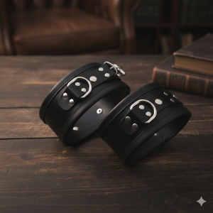 Leather Wrist Cuff Set - Black With Silver Hardware