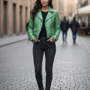 Women’s Green Leather Biker Jacket – Studded Collar Moto Style with Asymmetrical Zip