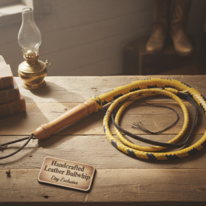 Handcrafted Leather Bullwhip – Yellow & Black Braided Whip with Wooden Handle | Western Cowboy Whip