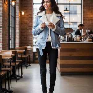 Women’s Light Blue Shearling Leather Jacket – Faux Fur Lined Aviator Style with Belted Waist