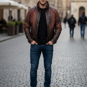 Men’s Vintage Brown Genuine Leather Jacket – Classic Stand Collar Biker Style with Front Zip & Chest Pocket
