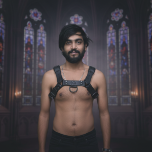 Dark Aesthetic: Man in Leather Chest Harness Against Gothic Church Backdrop