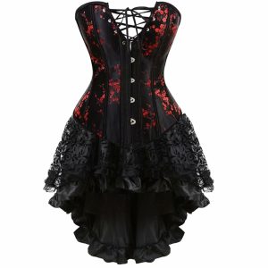 Black & Red Floral Brocade Fullbust Corset | Steampunk & Gothic