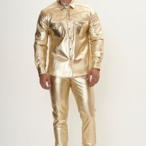 Men’s Gold Leather Pants – Slim Fit Metallic Genuine Leather Trousers for Fashion & Party Wear