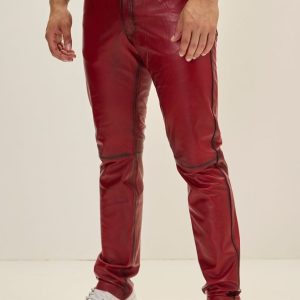 Men’s Red Genuine Leather Pants – Slim Fit Designer Leather Trousers