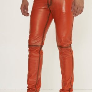 Men’s Burnt Orange Genuine Leather Pants – Slim Fit Designer Leather Trousers