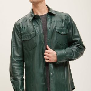 Men’s Green Leather Shirt – Full Sleeve Genuine Leather Button-Down Shirt Jacket
