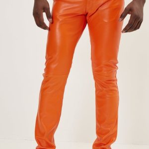 Men’s Orange Genuine Leather Pants – Slim Fit Fashion Leather Trousers