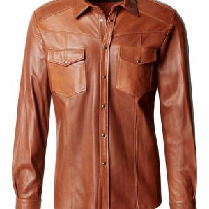 Men’s Brown Leather Shirt – Genuine Leather Button-Down Jacket Style
