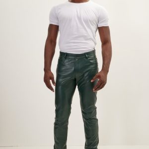 Premium Men’s Slim-Fit Forest Green Real Leather Pants – Designer Moto-Style Trousers