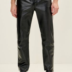 Men’s Black Genuine Leather Pants – Slim Fit Button-Fly Leather Trousers