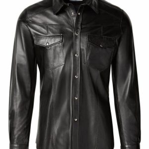 Men’s Black Leather Shirt Full Sleeve – Genuine Leather Button-Down Shirt Jacket