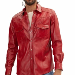 Men’s red leather western-style shirt featuring silver snap buttons and dual chest pockets, styled over a white tee with distressed blue jeans.