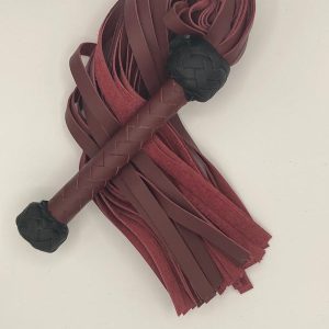 Handmade Maroon & Black Leather Flogger, Braided Handle