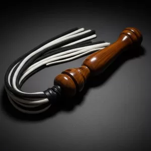 Handmade Wooden Handle Flogger: Black & White Paracord Tails
