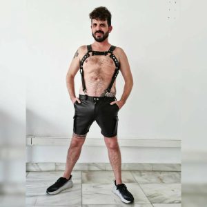 Men's Black Leather Cargo Shorts with Pockets