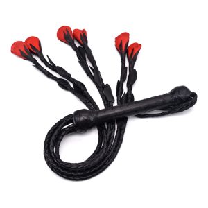 Leather Rose Flogger – Multi-Tail Braided Leather Whip with Red Rosebud BDSM & Sensation Play Toy