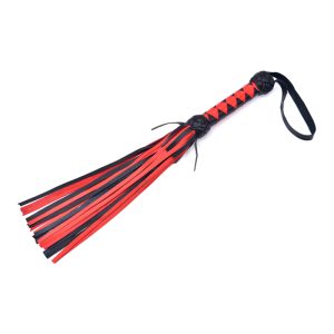 Black & Red Genuine Leather Bullwhip with Braided Handle & Wrist Strap