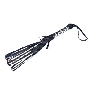 Handcrafted Leather Flogger – Black & Silver Metallic Braided Handle Short Whip