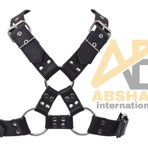 Black Leather Body Harness with Stainless Steel Rings | Adjustable BDSM Harness