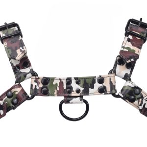 Men’s Camouflage Leather Chest Harness – Tactical Style Body Harness with Black Hardware