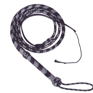 Hand-Braided Leather Bullwhip – Two-Tone Black & Grey Cowhide Bull Whip – Heavy-Duty Tapered Design with Wrist Strap