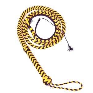 Hand-Braided Leather Bullwhip – 12-Plait Yellow & Black Cowhide Bull Whip – Professional Weighted Whip with Wrist Loop