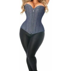 Blue Denim Strapless Corset Top with Front Zipper – Hourglass Figure Shaper