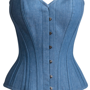 Blue Denim Overbust Corset Top - Structured Bodice with Metal Busk Closure
