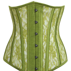 Olive Green Lace Underbust Corset – Vintage Botanical Waist Cincher with Silver Busk