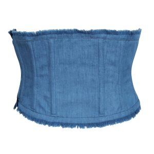 Frayed Edge Denim Corset Belt - Structured Medium Wash Waist Cincher