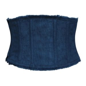 Women’s Raw Hem Denim Corset Belt – Dark Wash Frayed Waist Cincher with Boning